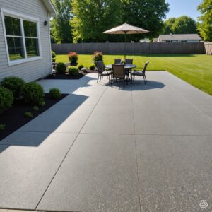 A gray flake coating on a residential patio in a Michigan backyard