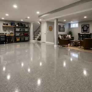 A finished flake floor coating on a basement floor in a home