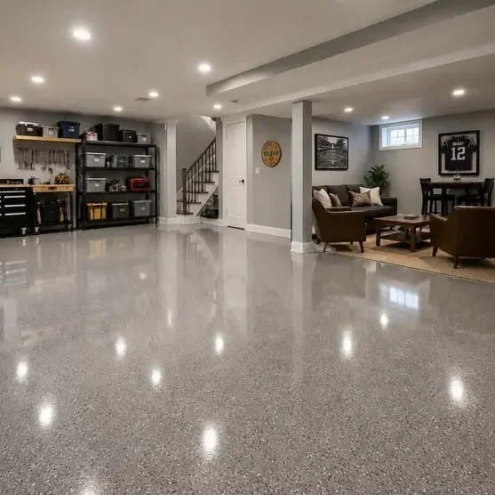 A finished flake floor coating on a basement floor in a home