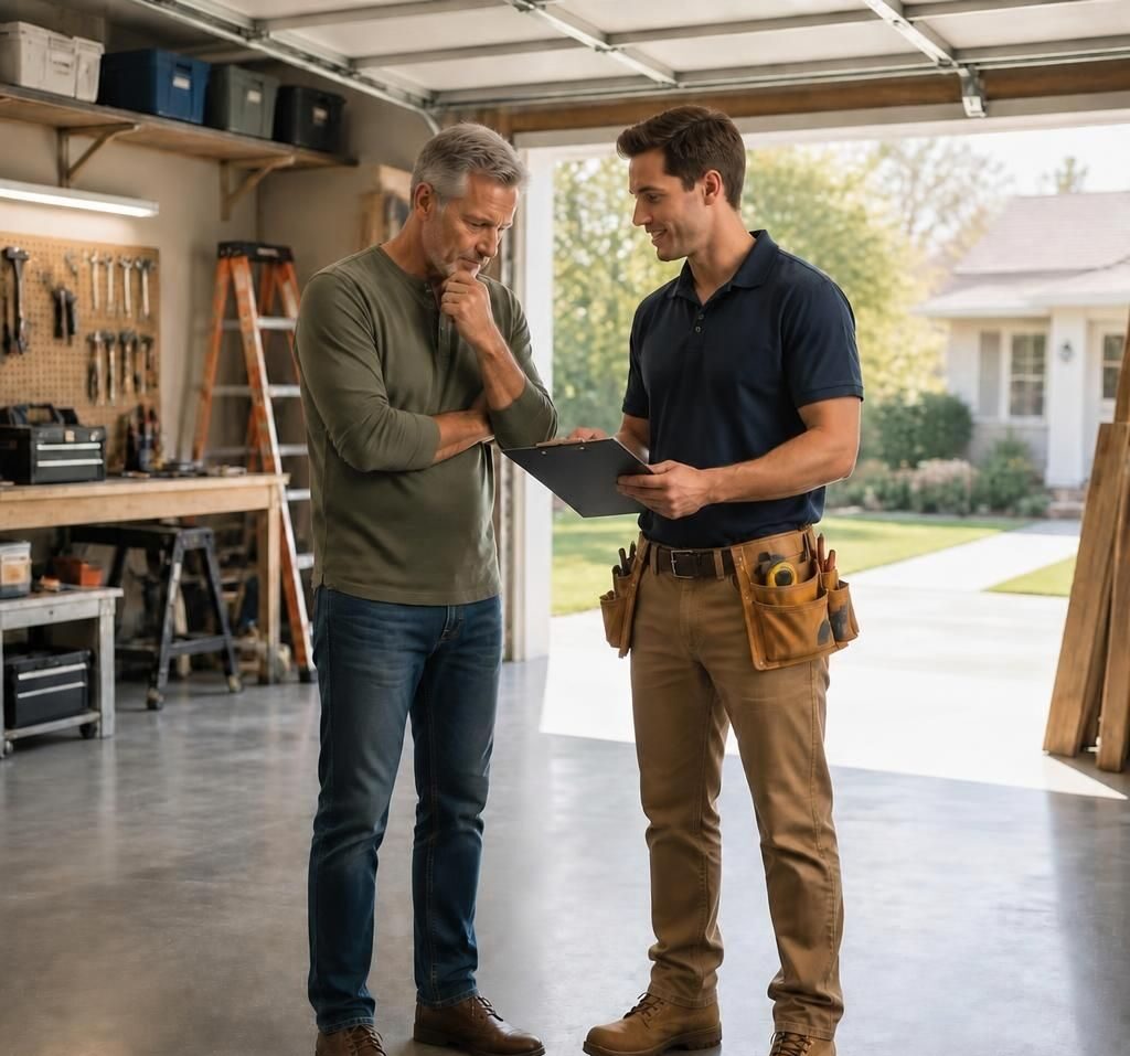 A homeowner and contractor reviewing a floor coating estimate together